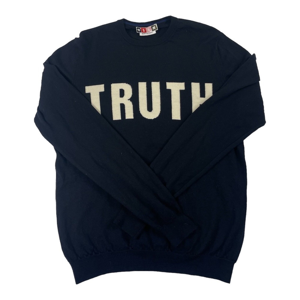 MSGM Blue Pure Wool Knit Truth Spellout Crewneck Sweater Mens XL 1740MM40
